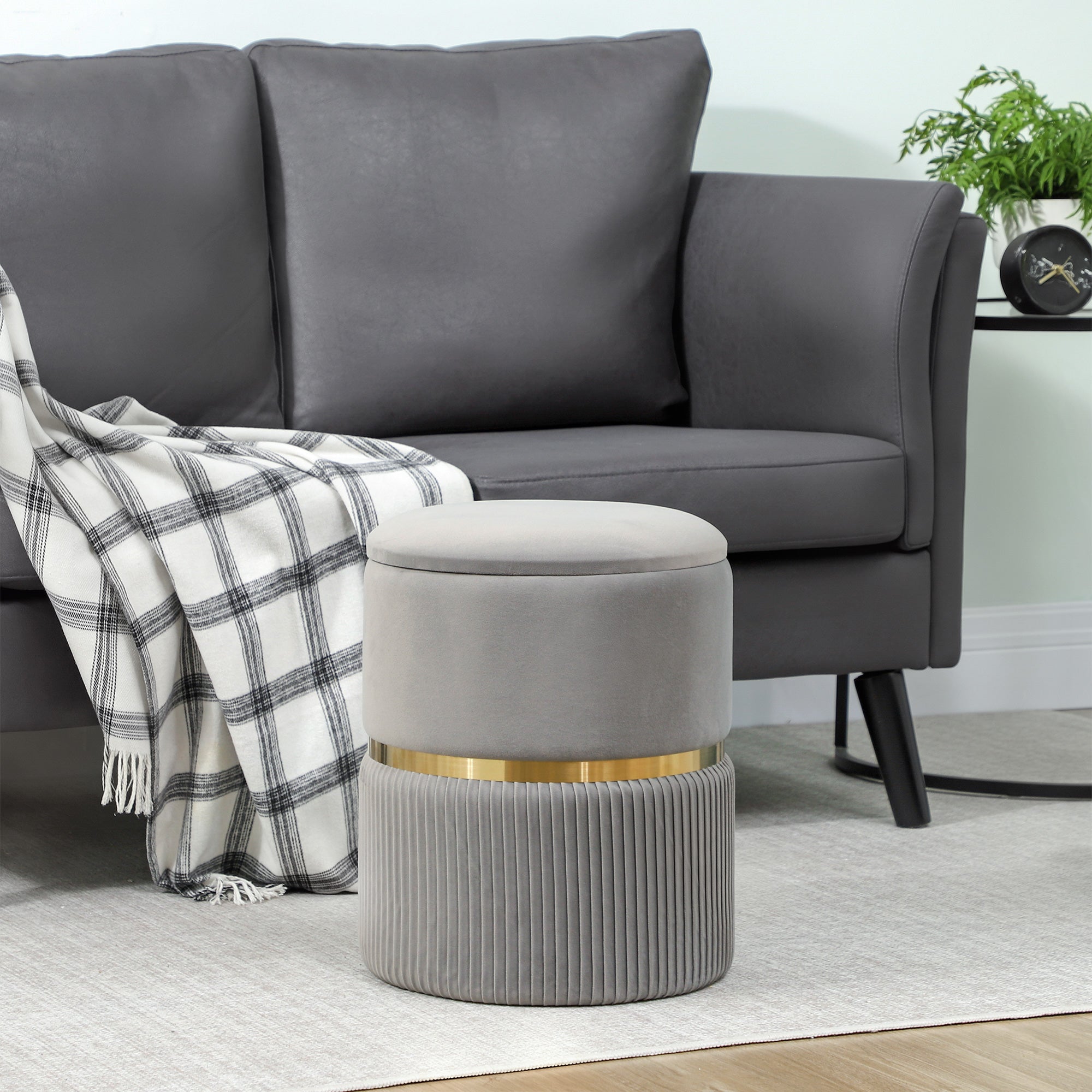 Round Velvet Storage Ottoman with Removable Lid — 14 x 14 x 17 in, Light Gray