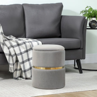 Round Velvet Storage Ottoman with Removable Lid — 14 x 14 x 17 in, Light Gray
