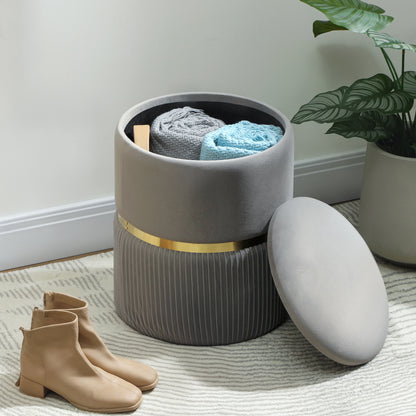 Round Velvet Storage Ottoman with Removable Lid — 14 x 14 x 17 in, Light Gray