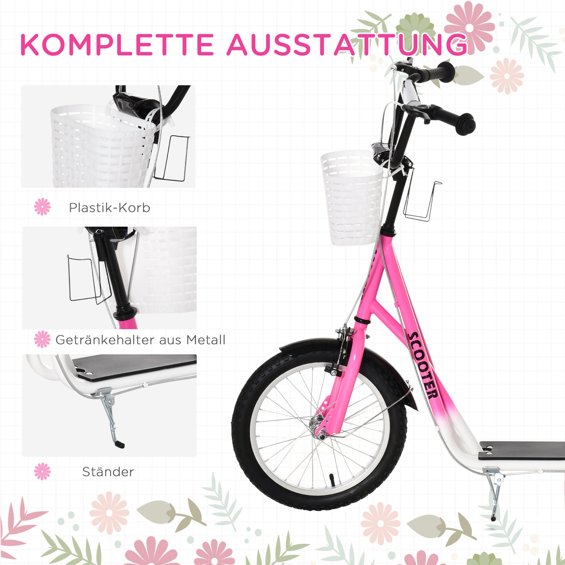 Roller Children's Scooter with Air Tires Hand Brake, 16 Inch Kick Scooter Adjustable Height Kickscooter for Boys and Girls 5-12 Years Kickboard City Scooter Kids Scooter Pink