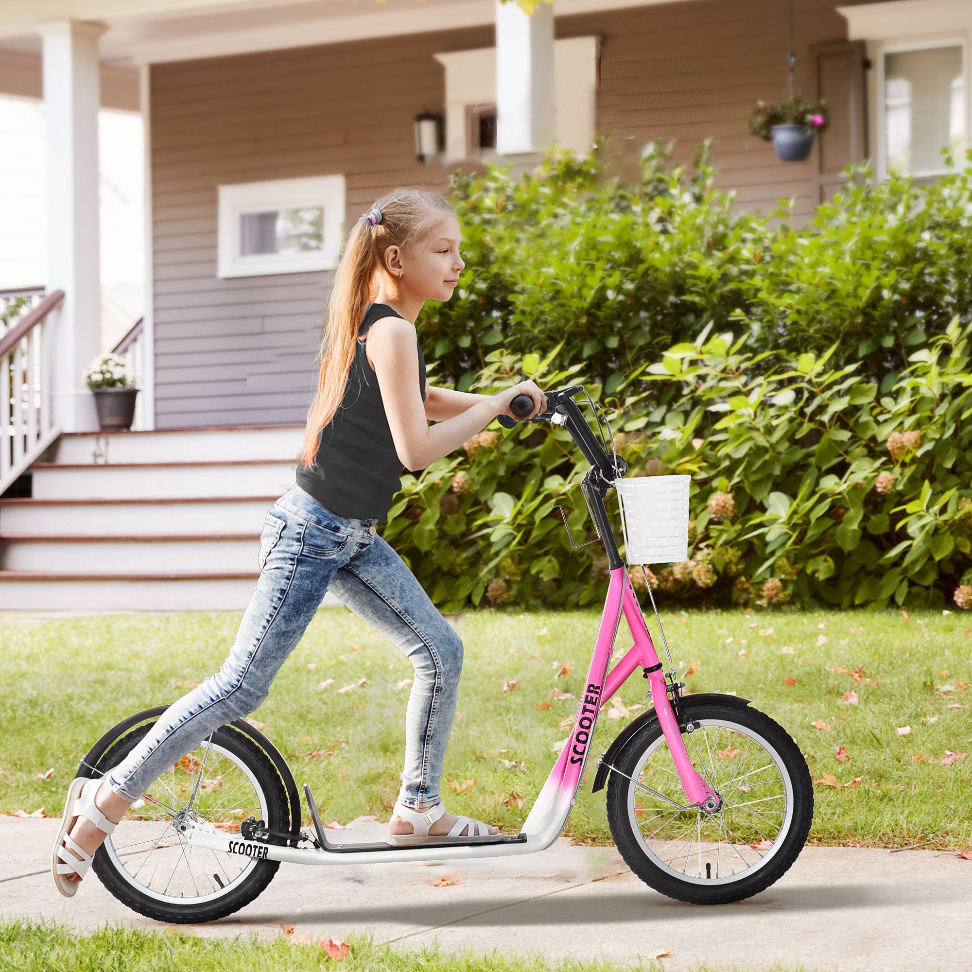 Roller Children's Scooter with Air Tires Hand Brake, 16 Inch Kick Scooter Adjustable Height Kickscooter for Boys and Girls 5-12 Years Kickboard City Scooter Kids Scooter Pink