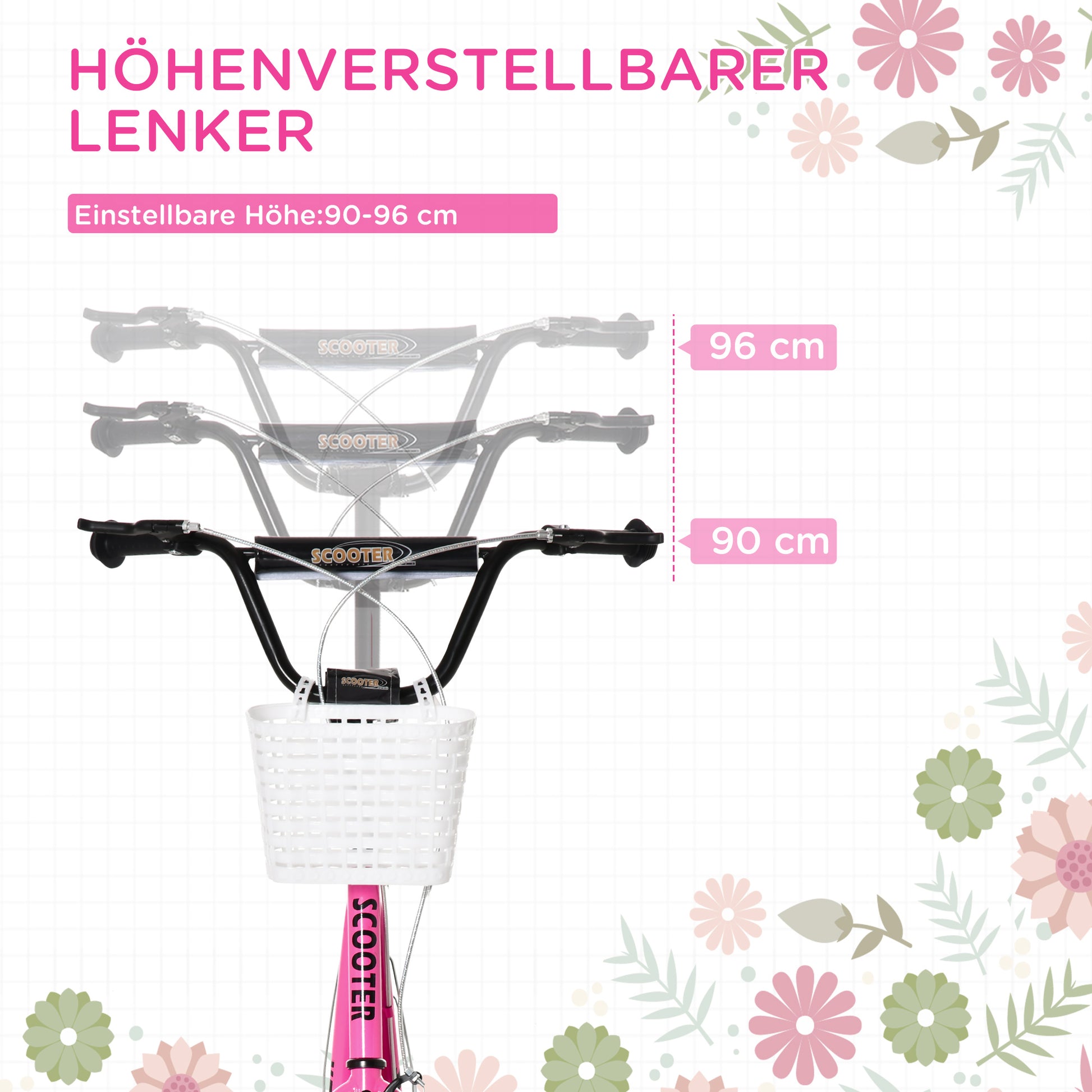 Roller Children's Scooter with Air Tires Hand Brake, 16 Inch Kick Scooter Adjustable Height Kickscooter for Boys and Girls 5-12 Years Kickboard City Scooter Kids Scooter Pink