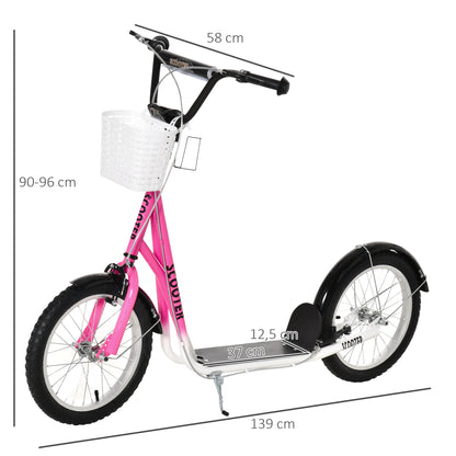 Roller Children's Scooter with Air Tires Hand Brake, 16 Inch Kick Scooter Adjustable Height Kickscooter for Boys and Girls 5-12 Years Kickboard City Scooter Kids Scooter Pink