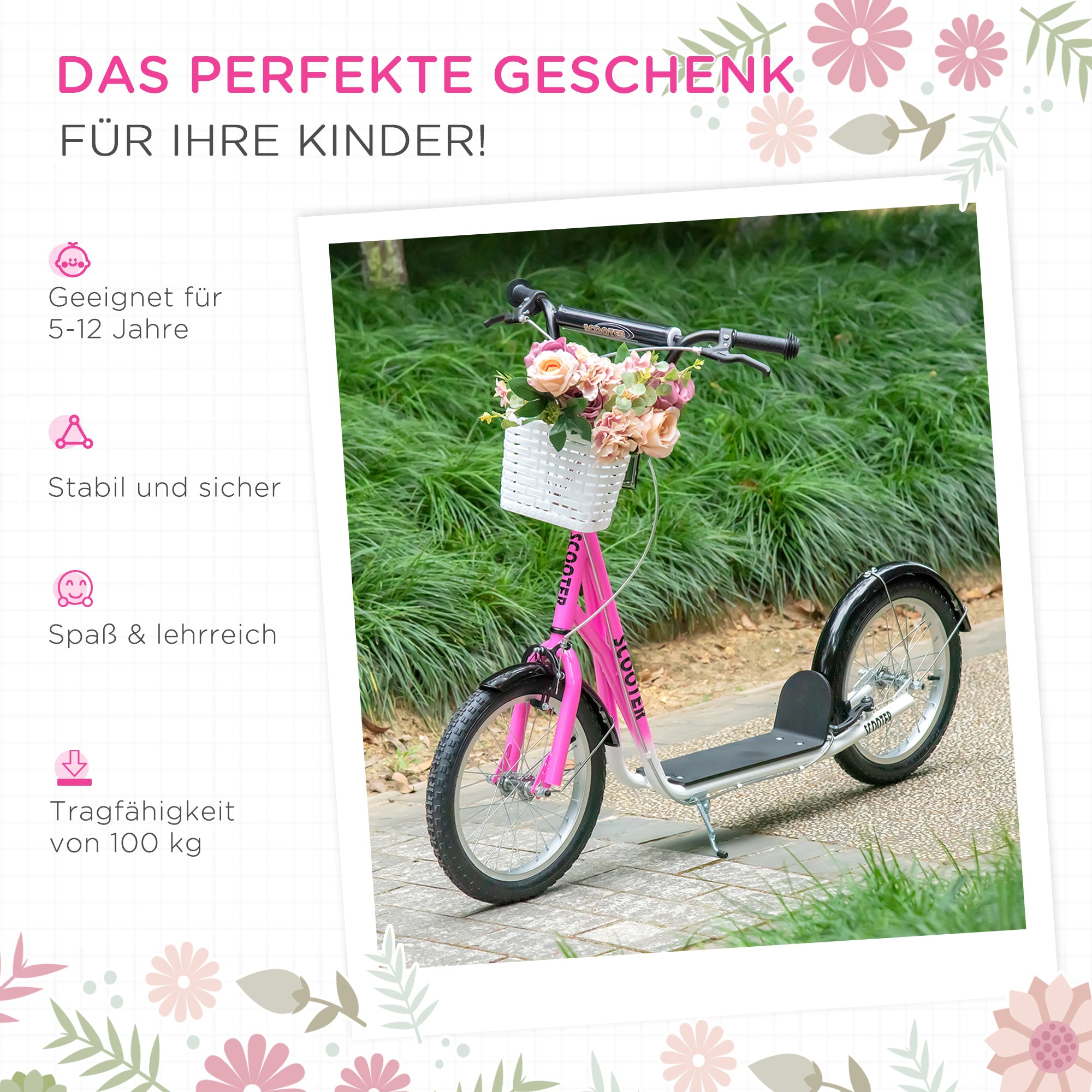 Roller Children's Scooter with Air Tires Hand Brake, 16 Inch Kick Scooter Adjustable Height Kickscooter for Boys and Girls 5-12 Years Kickboard City Scooter Kids Scooter Pink