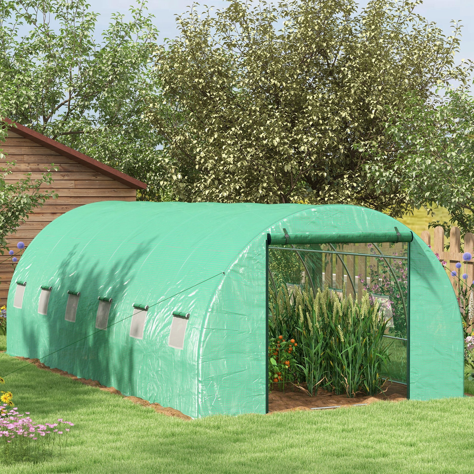 6x3x2 m Outdoor Greenhouse Tunnel Greenhouse with Integrated Irrigation System 12 Mesh Windows and 1 Roll-Up Door Green Patio Garden Greenhouse