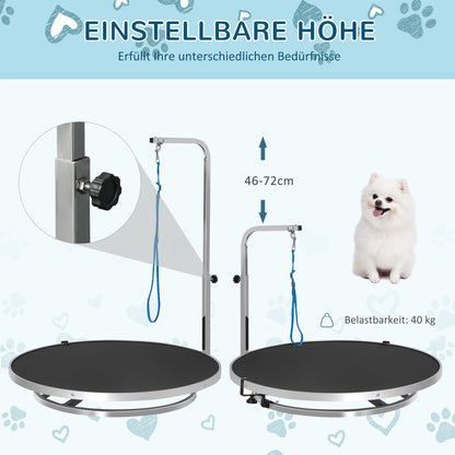 Dog Grooming Table Pet Care Table Rotatable Drying Table with Adjustable Arm Non-Slip Tabletop Locking System Aluminum Alloy Edge Stainless Steel Frame Safety Leash Ø65x H10