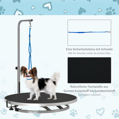 Dog Grooming Table Pet Care Table Rotatable Drying Table with Adjustable Arm Non-Slip Tabletop Locking System Aluminum Alloy Edge Stainless Steel Frame Safety Leash Ø65x H10