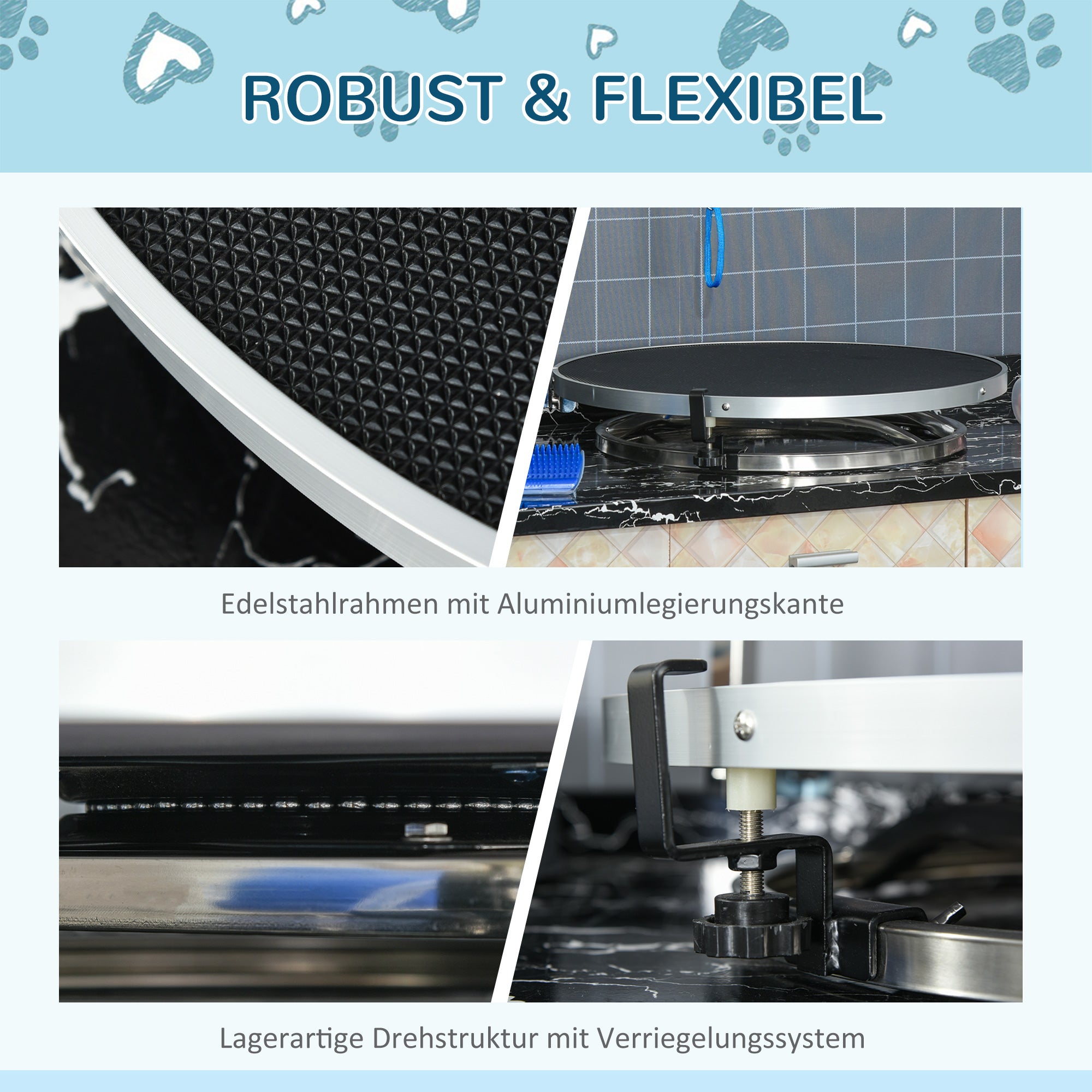 Dog Grooming Table Pet Care Table Rotatable Drying Table with Adjustable Arm Non-Slip Tabletop Locking System Aluminum Alloy Edge Stainless Steel Frame Safety Leash Ø65x H10