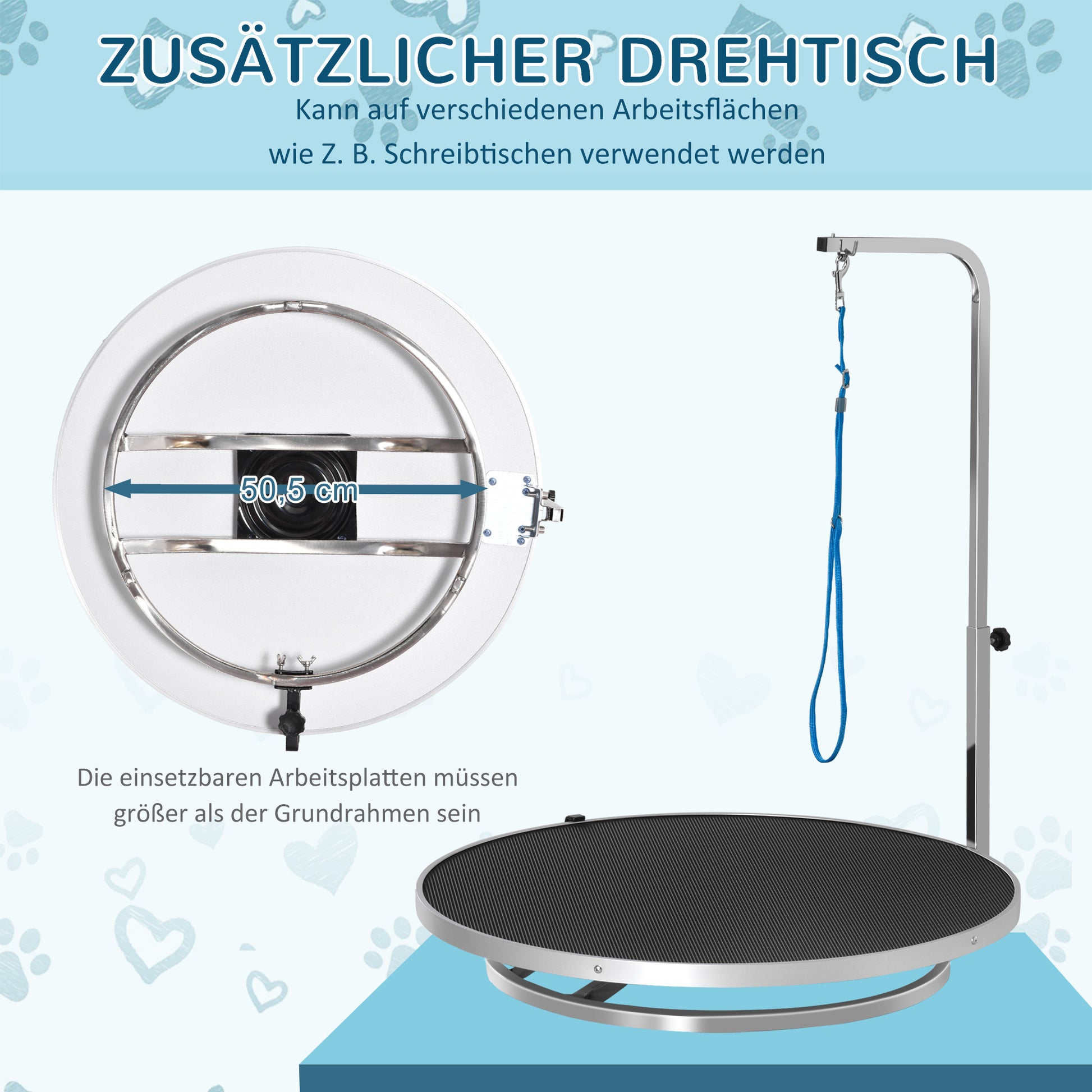 Dog Grooming Table Pet Care Table Rotatable Drying Table with Adjustable Arm Non-Slip Tabletop Locking System Aluminum Alloy Edge Stainless Steel Frame Safety Leash Ø65x H10