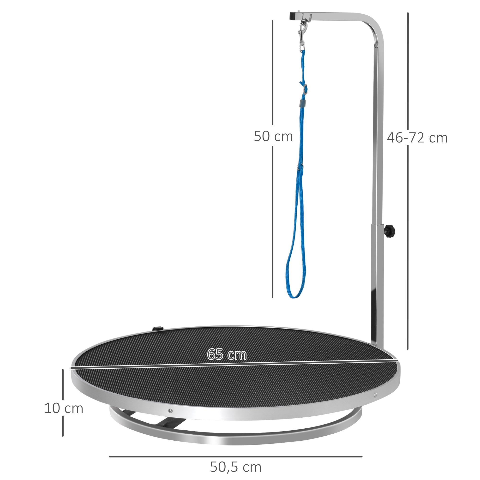 Dog Grooming Table Pet Care Table Rotatable Drying Table with Adjustable Arm Non-Slip Tabletop Locking System Aluminum Alloy Edge Stainless Steel Frame Safety Leash Ø65x H10