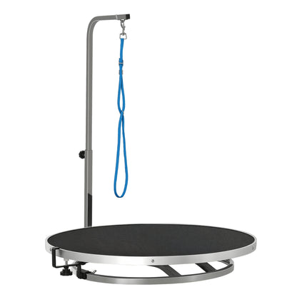Dog Grooming Table Pet Care Table Rotatable Drying Table with Adjustable Arm Non-Slip Tabletop Locking System Aluminum Alloy Edge Stainless Steel Frame Safety Leash Ø65x H10