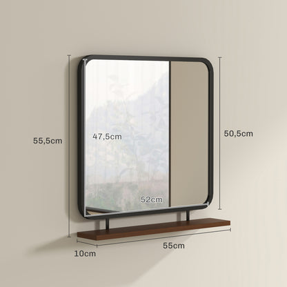 Wall Mirror 55 x 55.5 cm Hall Mirror with Wooden Shelf, Rectangular Mirror, Decorative Mirror for Bedroom, Bathroom, Black