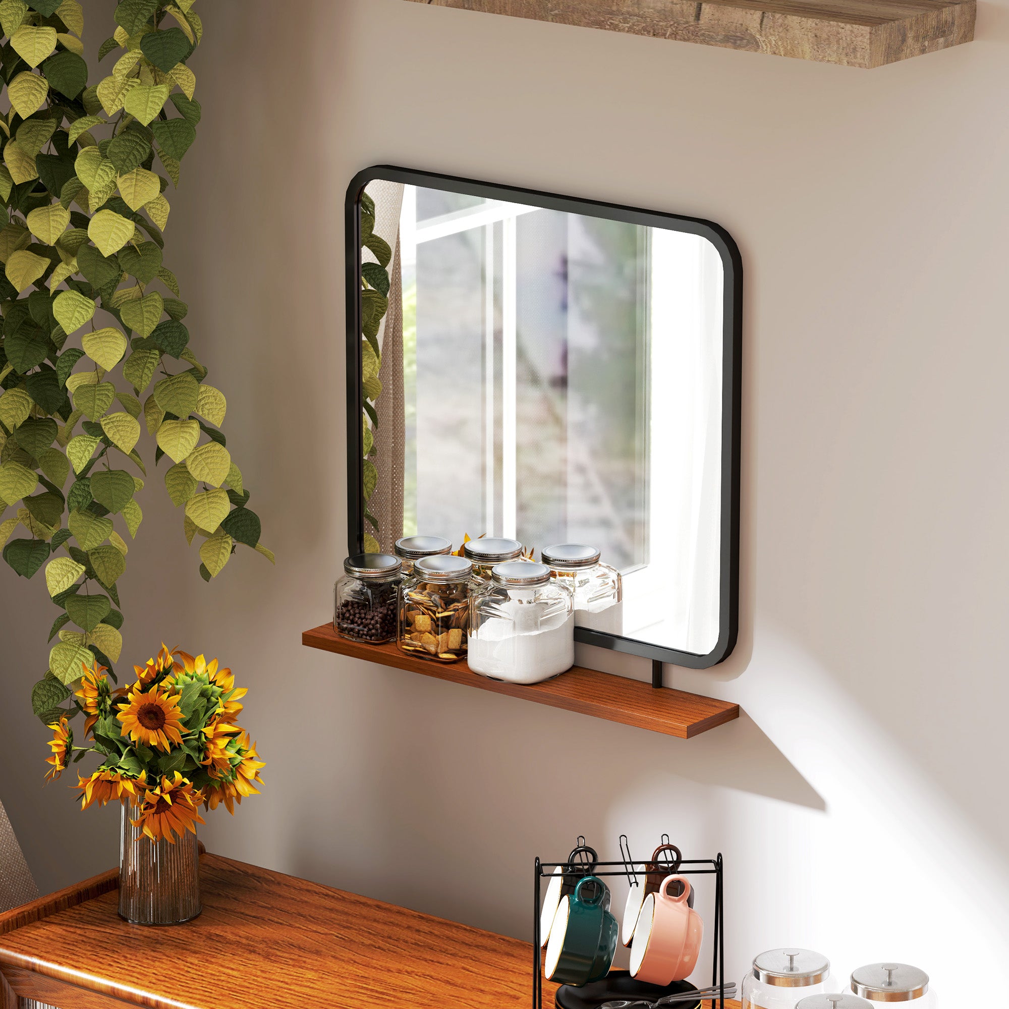 Wall Mirror 55 x 55.5 cm Hall Mirror with Wooden Shelf, Rectangular Mirror, Decorative Mirror for Bedroom, Bathroom, Black