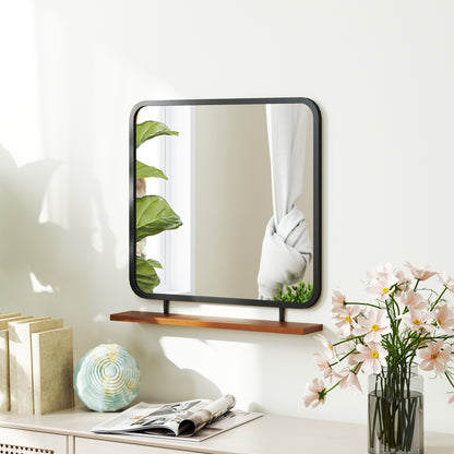 Wall Mirror 55 x 55.5 cm Hall Mirror with Wooden Shelf, Rectangular Mirror, Decorative Mirror for Bedroom, Bathroom, Black