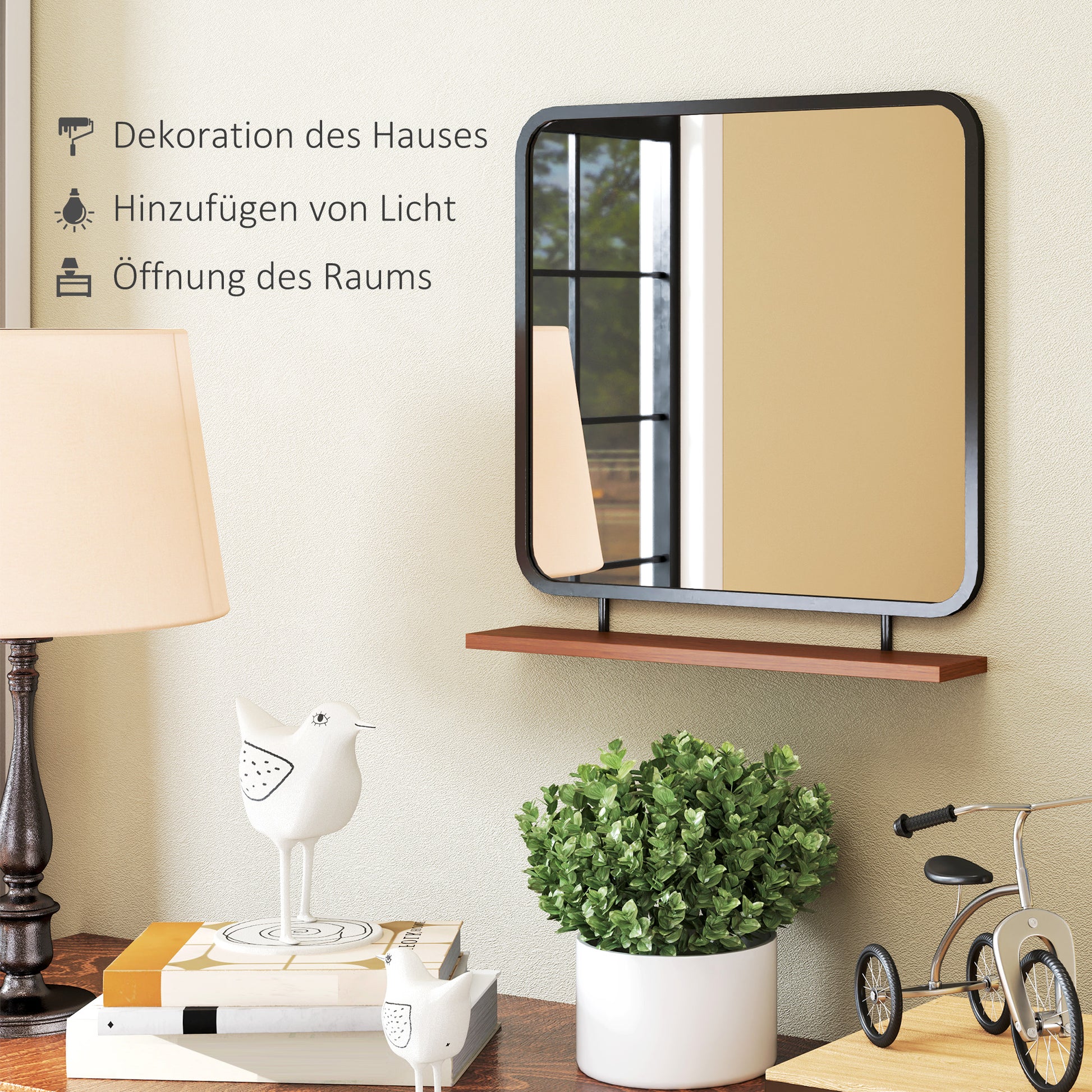 Wall Mirror 55 x 55.5 cm Hall Mirror with Wooden Shelf, Rectangular Mirror, Decorative Mirror for Bedroom, Bathroom, Black