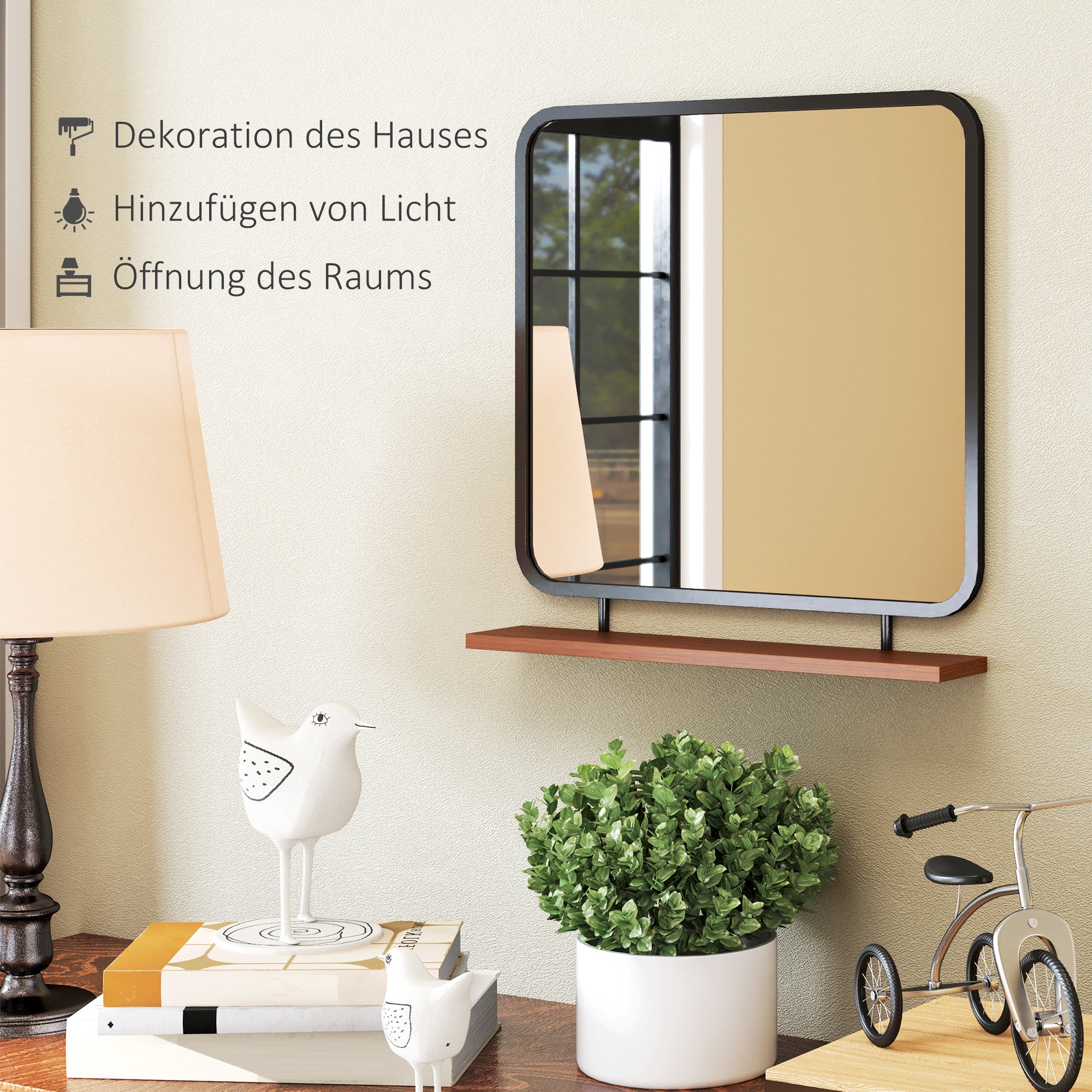 Wall Mirror 55 x 55.5 cm Hall Mirror with Wooden Shelf, Rectangular Mirror, Decorative Mirror for Bedroom, Bathroom, Black