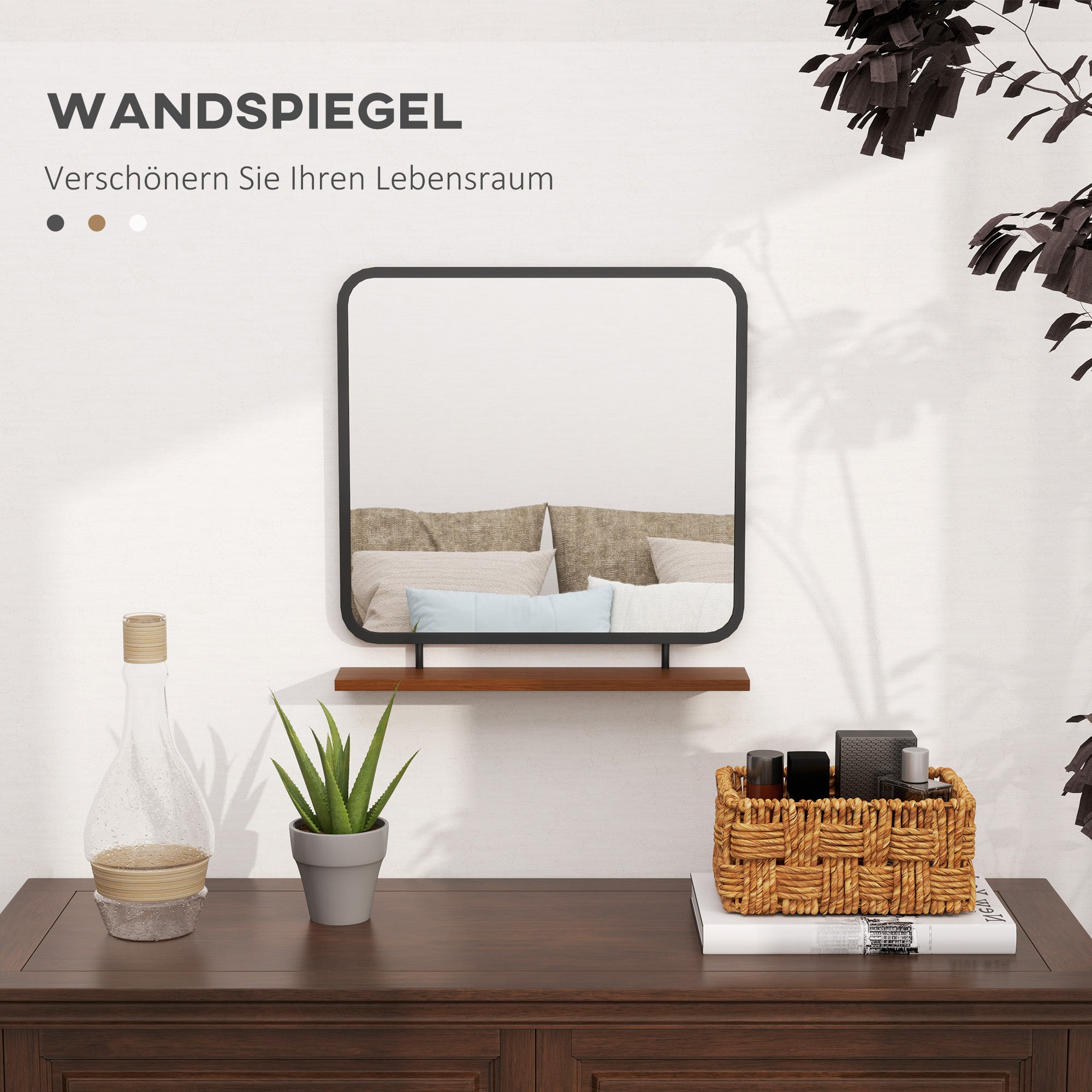 Wall Mirror 55 x 55.5 cm Hall Mirror with Wooden Shelf, Rectangular Mirror, Decorative Mirror for Bedroom, Bathroom, Black