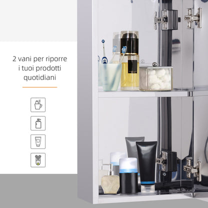 Bathroom Mirror Cabinet in Stainless Steel with Door, Bathroom Cabinet with 2 Shelves, 55x14x30cm