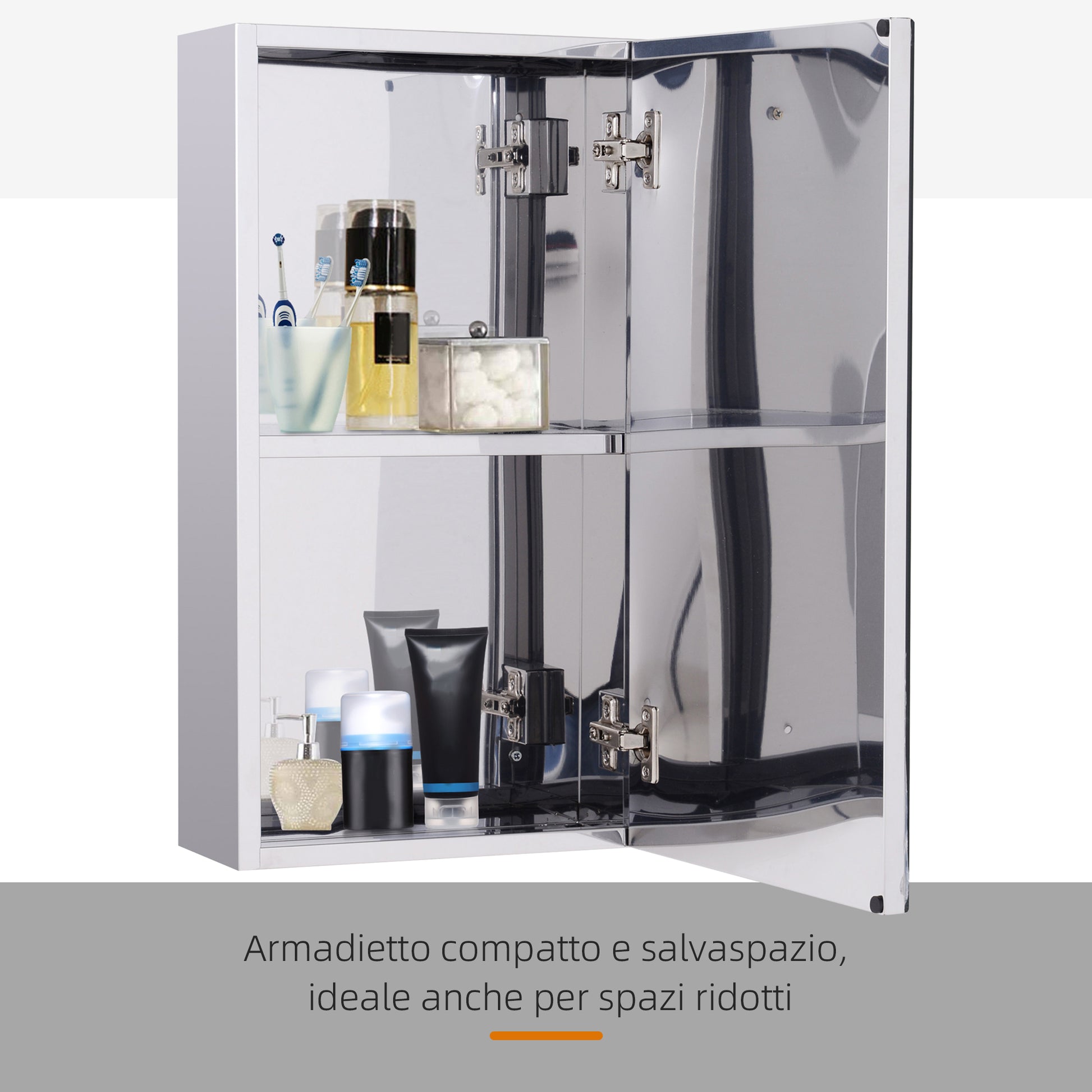 Bathroom Mirror Cabinet in Stainless Steel with Door, Bathroom Cabinet with 2 Shelves, 55x14x30cm