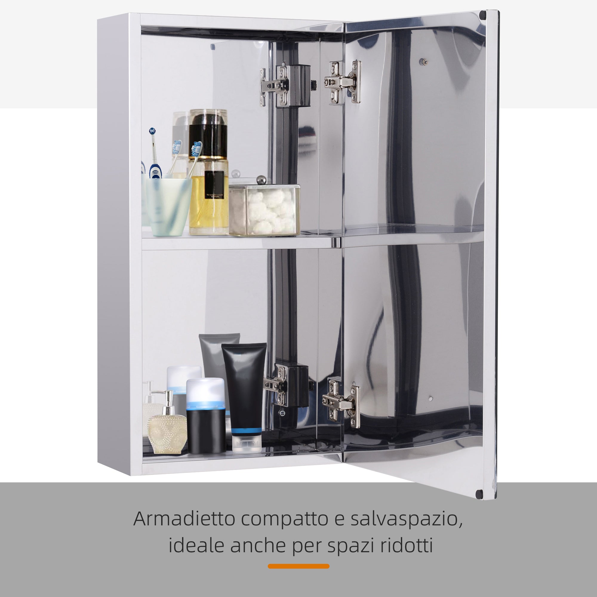 Bathroom Mirror Cabinet in Stainless Steel with Door, Bathroom Cabinet with 2 Shelves, 55x14x30cm