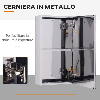 Bathroom Mirror Cabinet in Stainless Steel with Door, Bathroom Cabinet with 2 Shelves, 55x14x30cm