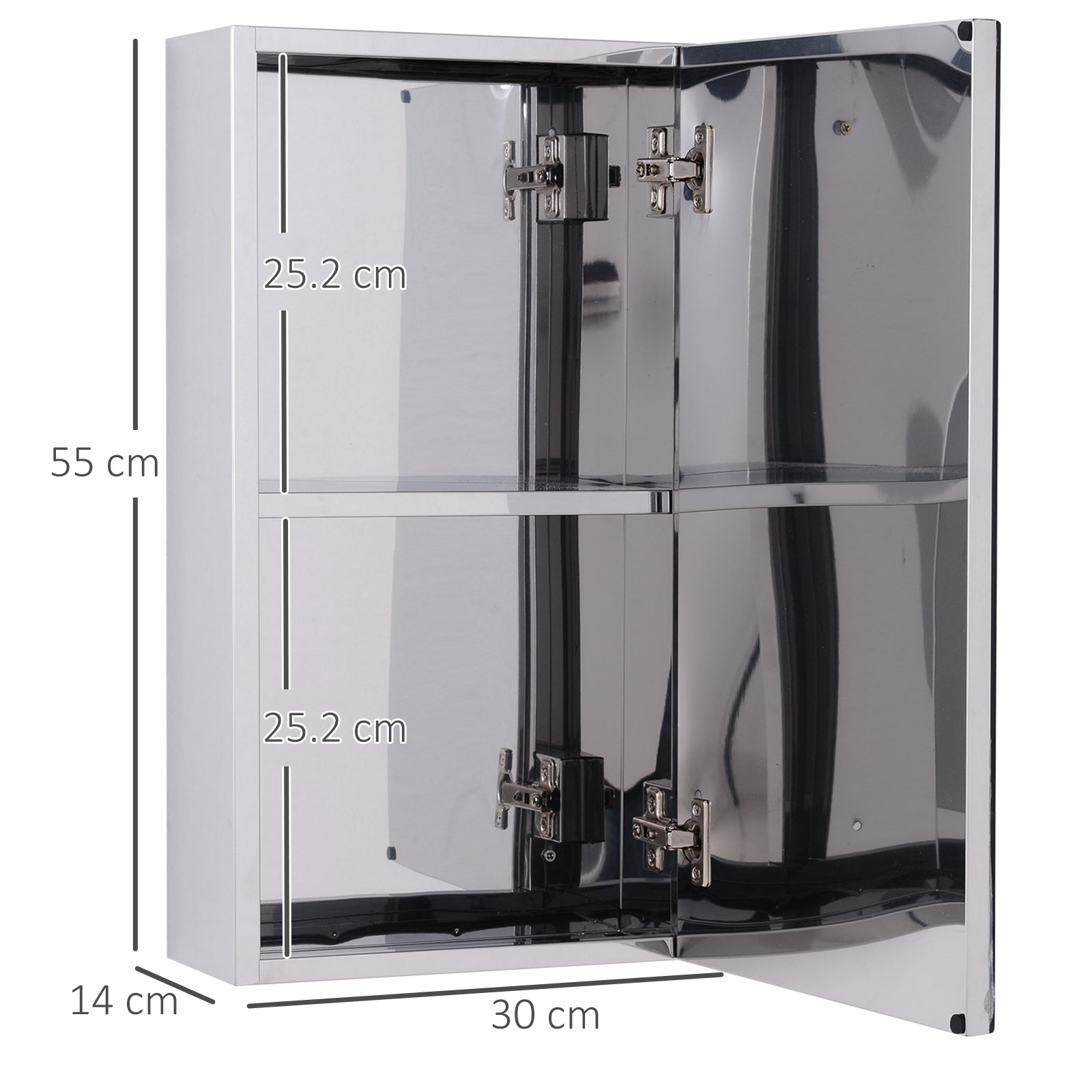 Bathroom Mirror Cabinet in Stainless Steel with Door, Bathroom Cabinet with 2 Shelves, 55x14x30cm