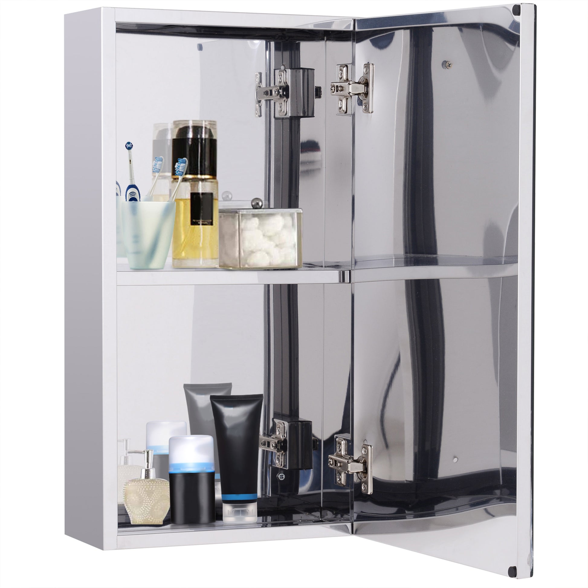 Bathroom Mirror Cabinet in Stainless Steel with Door, Bathroom Cabinet with 2 Shelves, 55x14x30cm
