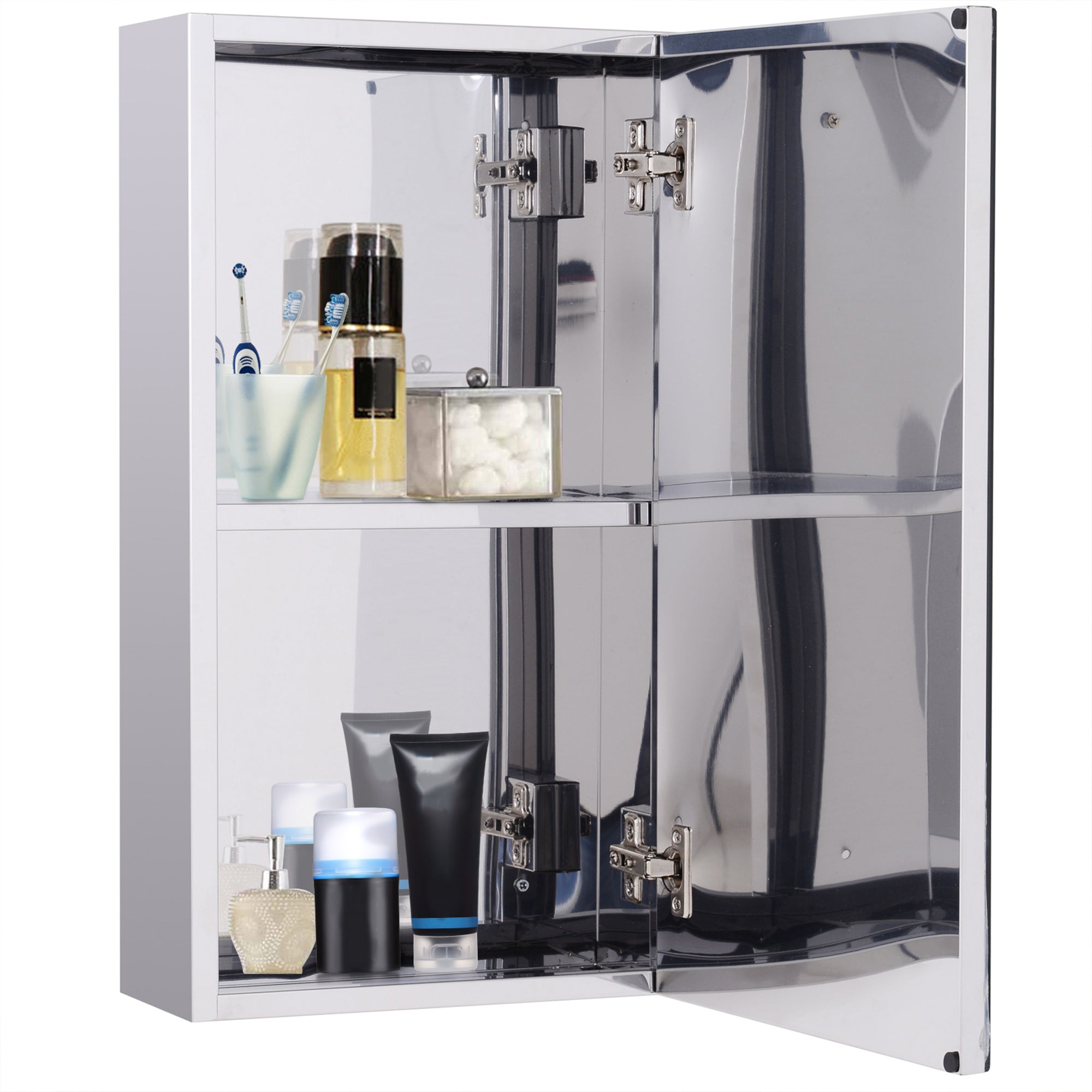 Bathroom Mirror Cabinet in Stainless Steel with Door, Bathroom Cabinet with 2 Shelves, 55x14x30cm