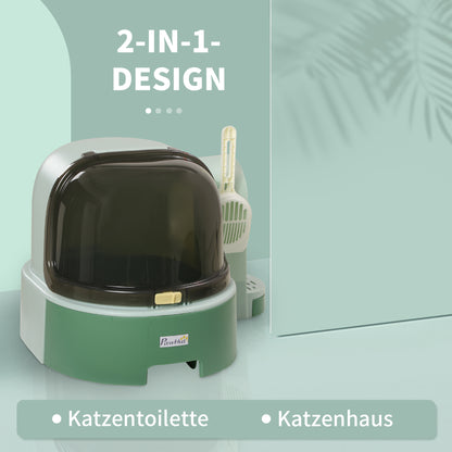 Cat Litter Box, Cat Toilet 52 x 60 x 42 cm with Lid, Pull-Out Tray, Lock, Scoop, Green