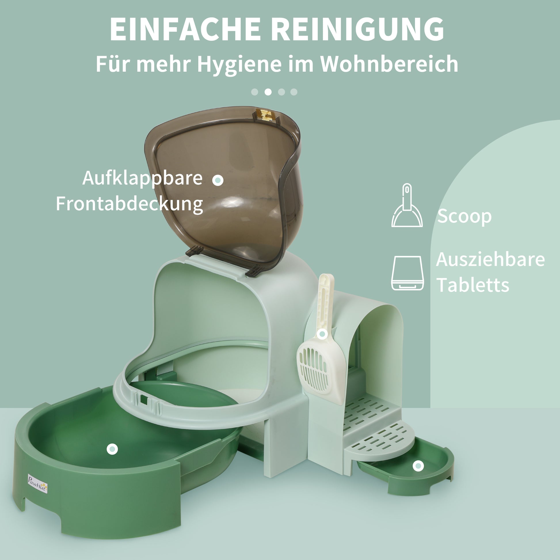 Cat Litter Box, Cat Toilet 52 x 60 x 42 cm with Lid, Pull-Out Tray, Lock, Scoop, Green