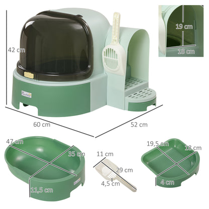 Cat Litter Box, Cat Toilet 52 x 60 x 42 cm with Lid, Pull-Out Tray, Lock, Scoop, Green