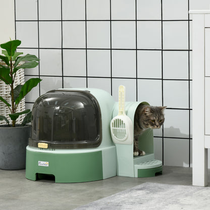 Cat Litter Box, Cat Toilet 52 x 60 x 42 cm with Lid, Pull-Out Tray, Lock, Scoop, Green