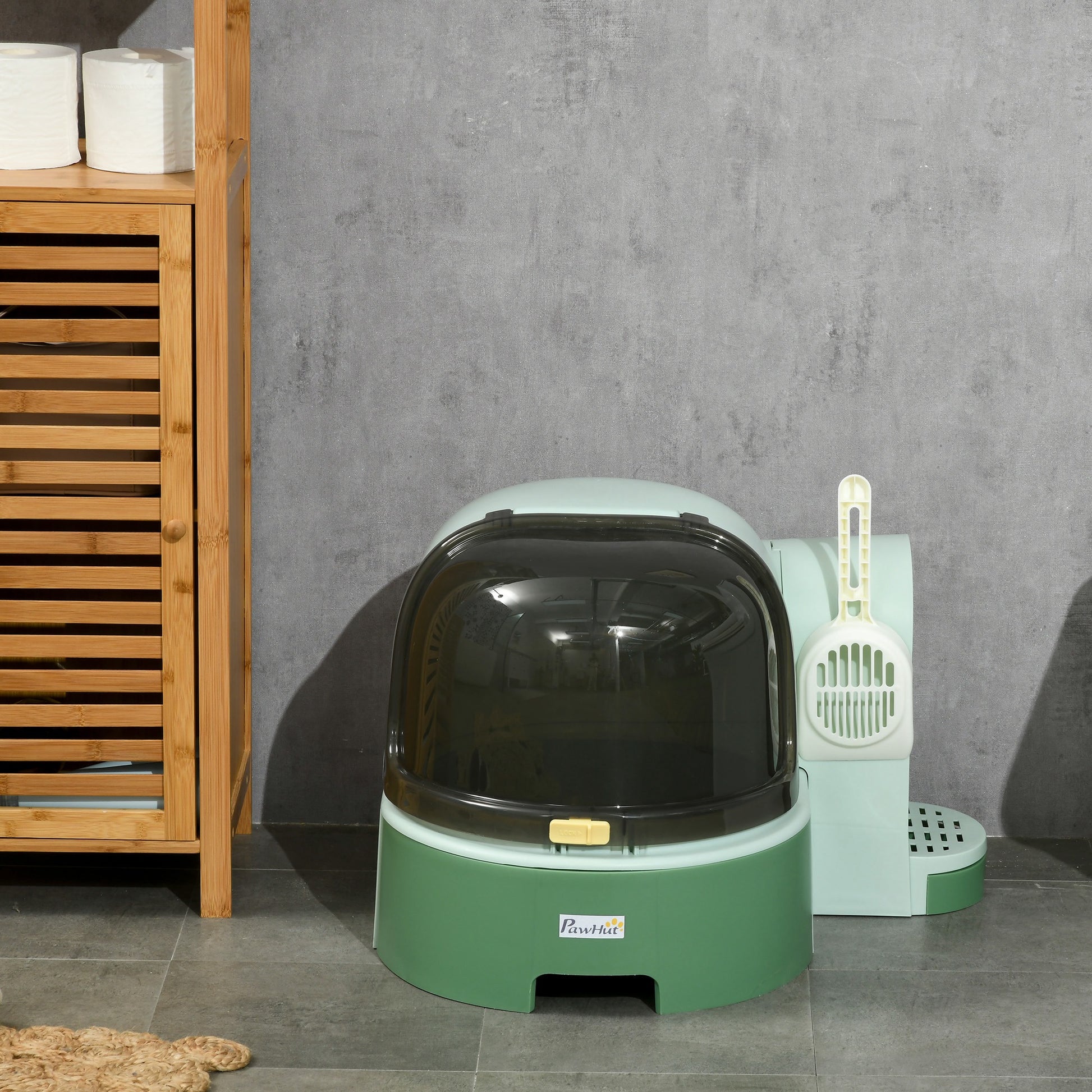 Cat Litter Box, Cat Toilet 52 x 60 x 42 cm with Lid, Pull-Out Tray, Lock, Scoop, Green