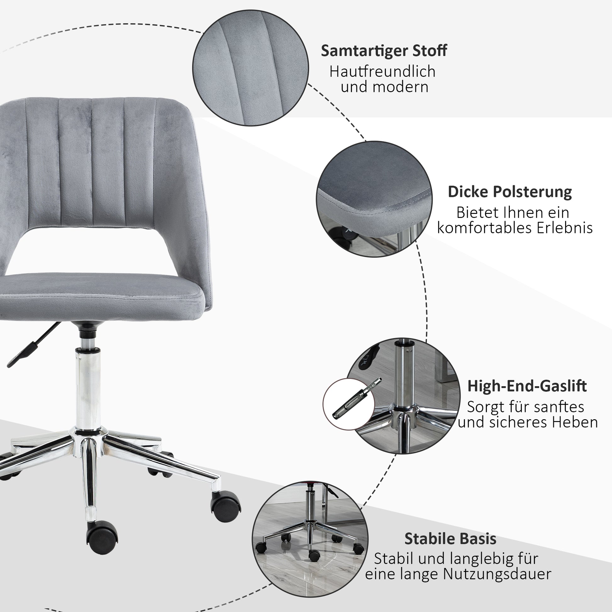 Desk Chair, Adjustable Height Home Office Chair without Armrest, Swivel Office Chair with Velvet Look, Ergonomic Vanity Chair for Bedroom, Study Room, Dark Gray