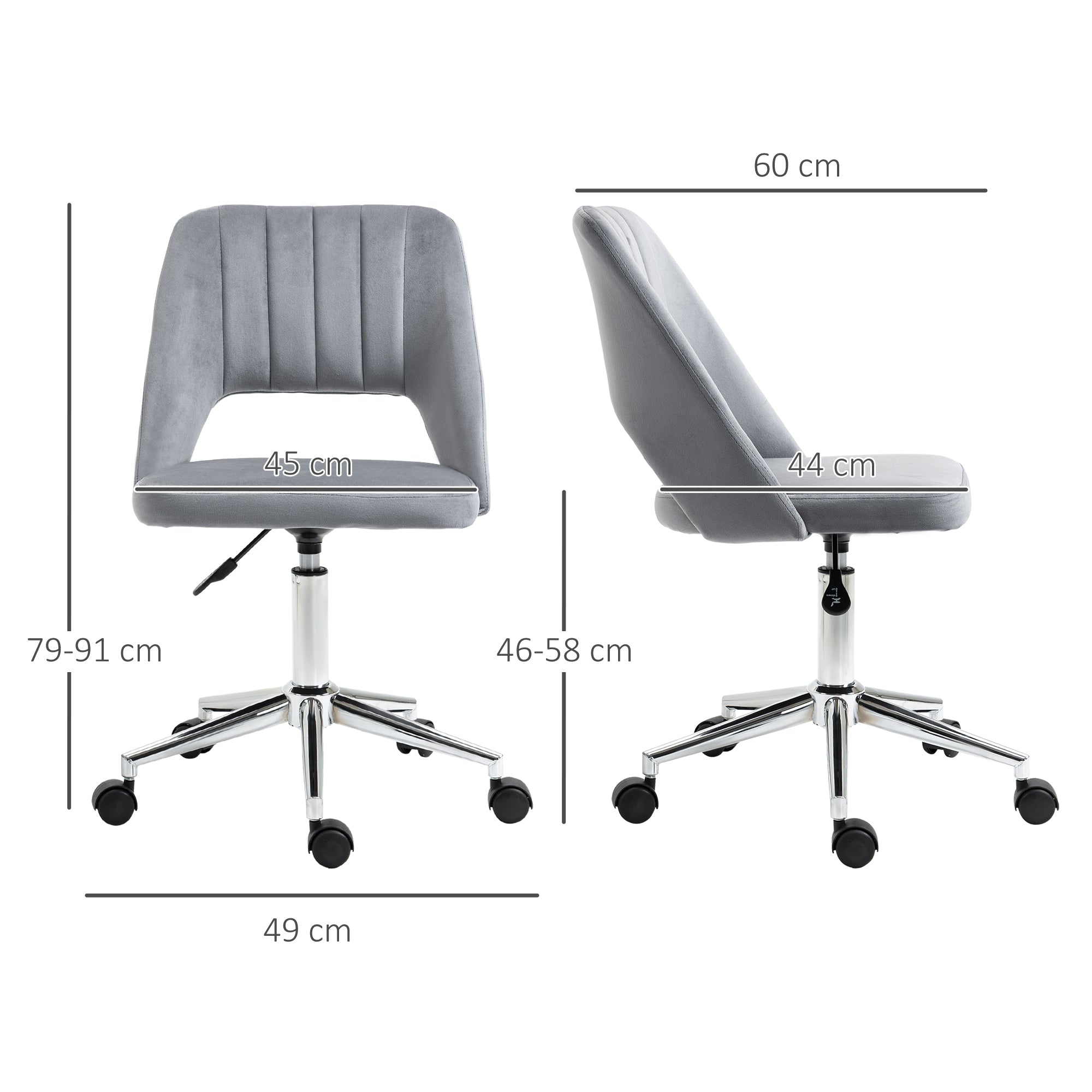 Desk Chair, Adjustable Height Home Office Chair without Armrest, Swivel Office Chair with Velvet Look, Ergonomic Vanity Chair for Bedroom, Study Room, Dark Gray