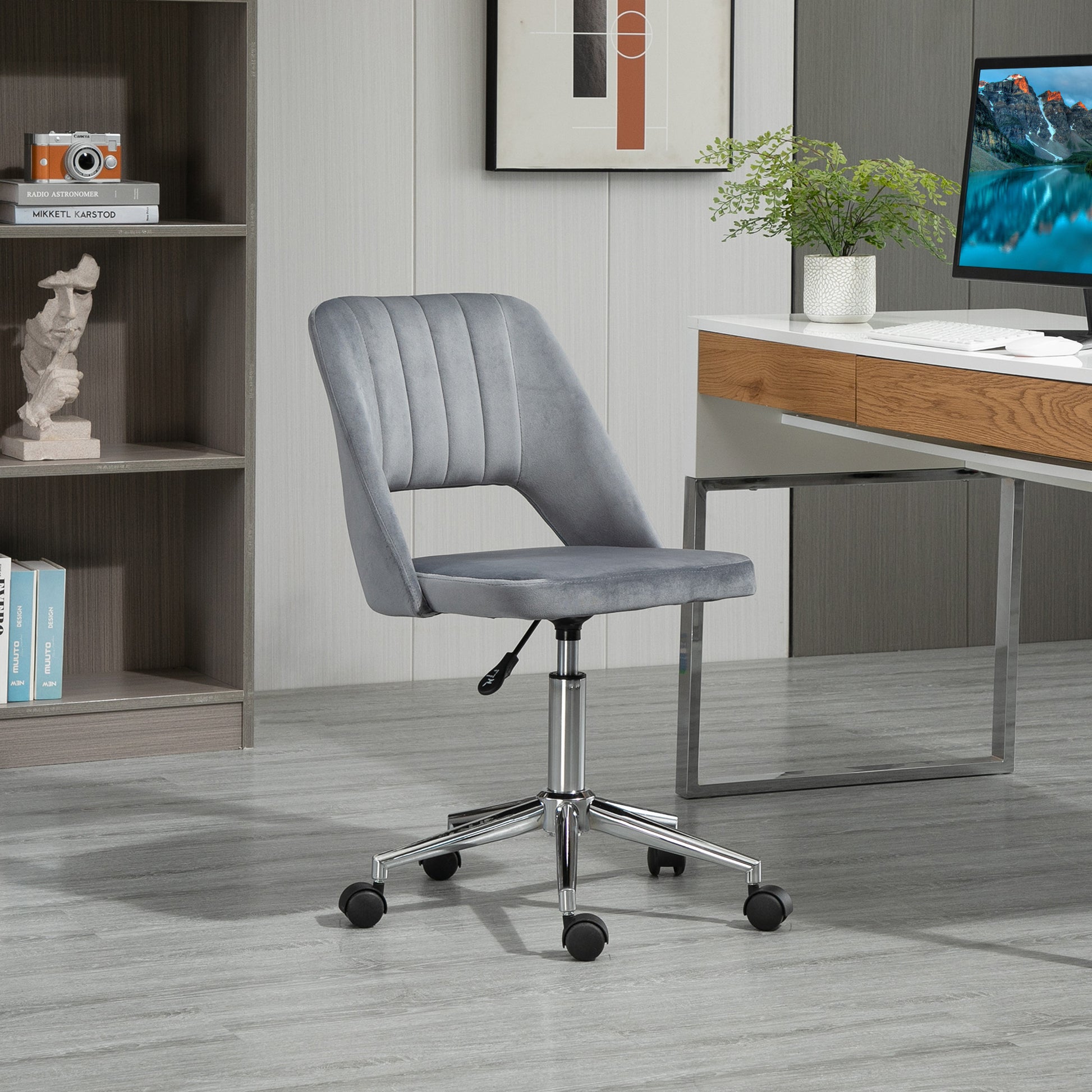Desk Chair, Adjustable Height Home Office Chair without Armrest, Swivel Office Chair with Velvet Look, Ergonomic Vanity Chair for Bedroom, Study Room, Dark Gray