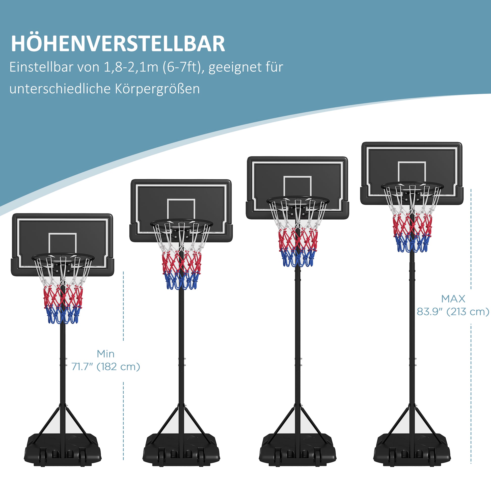 SPORTNOW Basketball Hoop with Stand Adjustable Basketball Stand with Wheels and Shatterproof Backboard, 182-213 cm Basketball Backboard Stand, for Adults, Steel