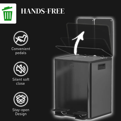 Dual 2 x 20L Stainless Steel Trash Can — Soft-Close Lids, Removable Inner Buckets, Black