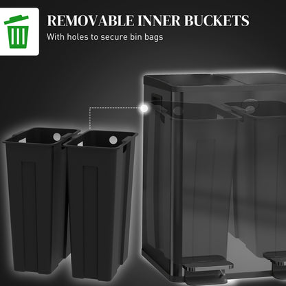 Dual 2 x 20L Stainless Steel Trash Can — Soft-Close Lids, Removable Inner Buckets, Black