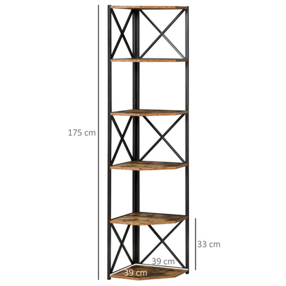 Wall-Mounted Corner Bookcase, Industrial Style Shelf in Wood and Metal with 5 Shelves, 39x39x175cm, Rustic Brown