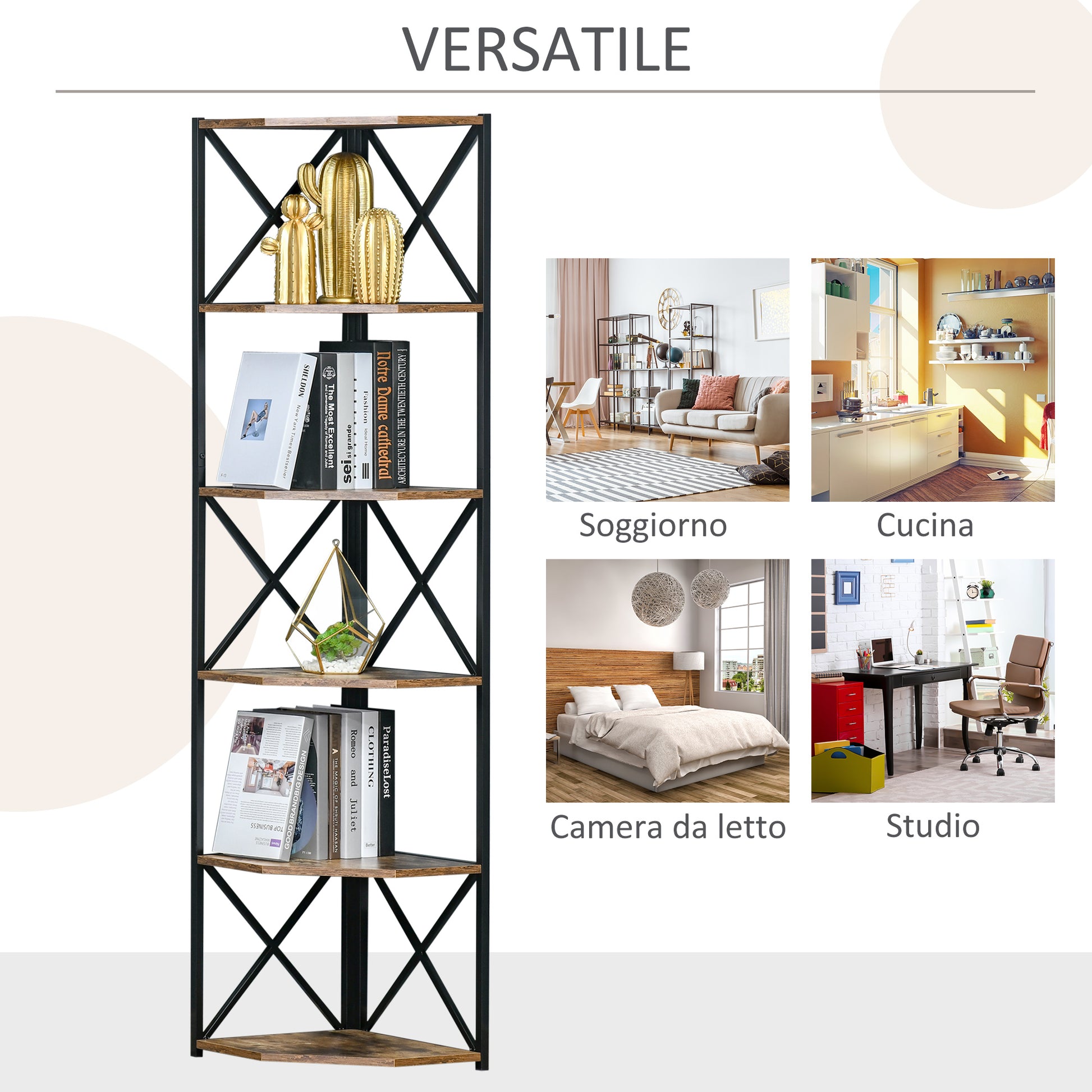 Wall-Mounted Corner Bookcase, Industrial Style Shelf in Wood and Metal with 5 Shelves, 39x39x175cm, Rustic Brown
