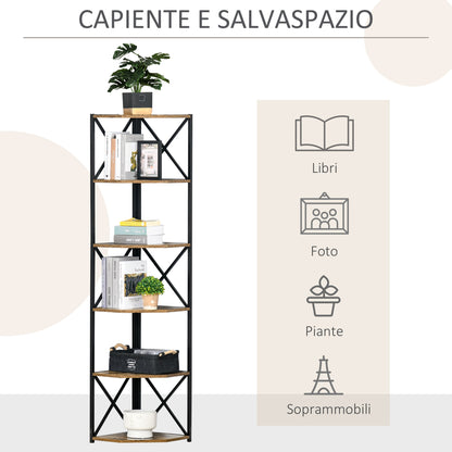 Wall-Mounted Corner Bookcase, Industrial Style Shelf in Wood and Metal with 5 Shelves, 39x39x175cm, Rustic Brown