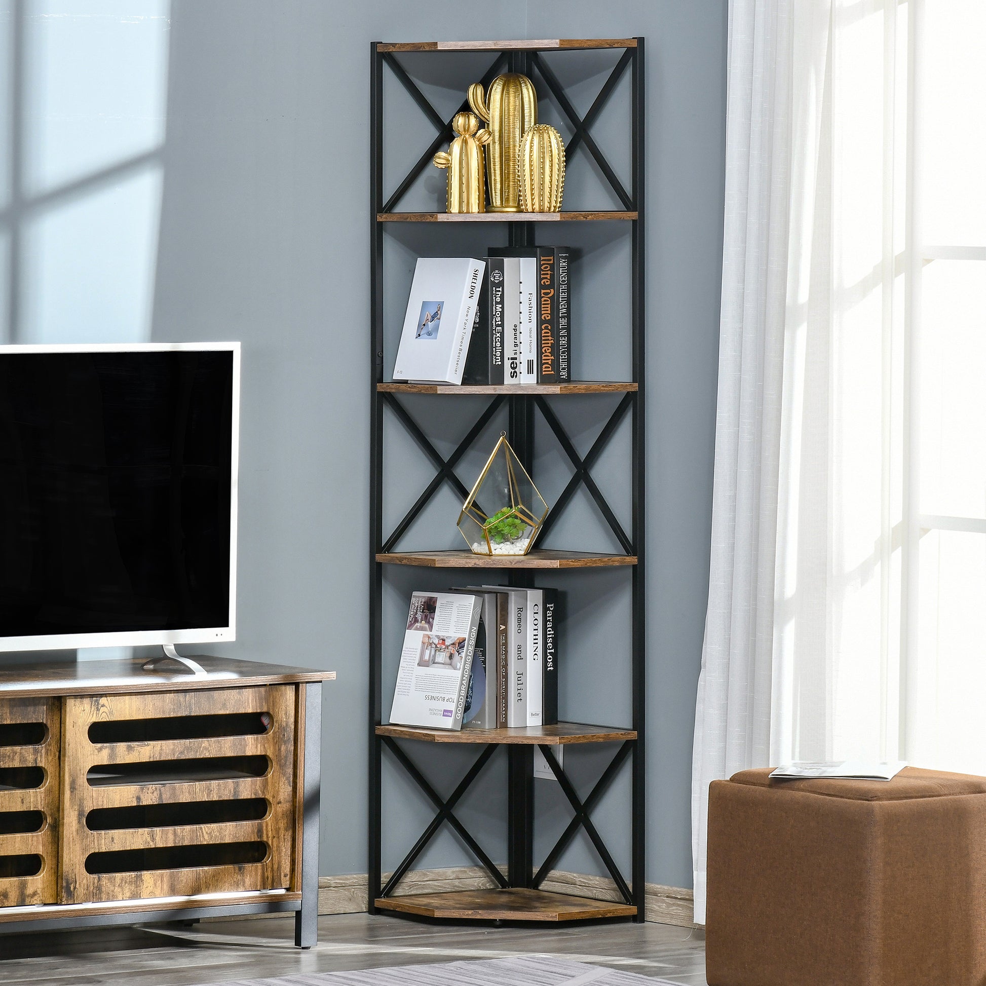 Wall-Mounted Corner Bookcase, Industrial Style Shelf in Wood and Metal with 5 Shelves, 39x39x175cm, Rustic Brown
