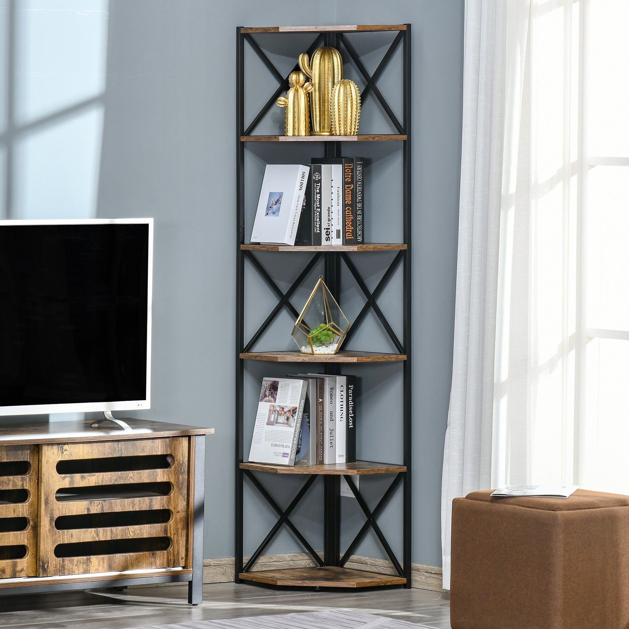 Wall-Mounted Corner Bookcase, Industrial Style Shelf in Wood and Metal with 5 Shelves, 39x39x175cm, Rustic Brown