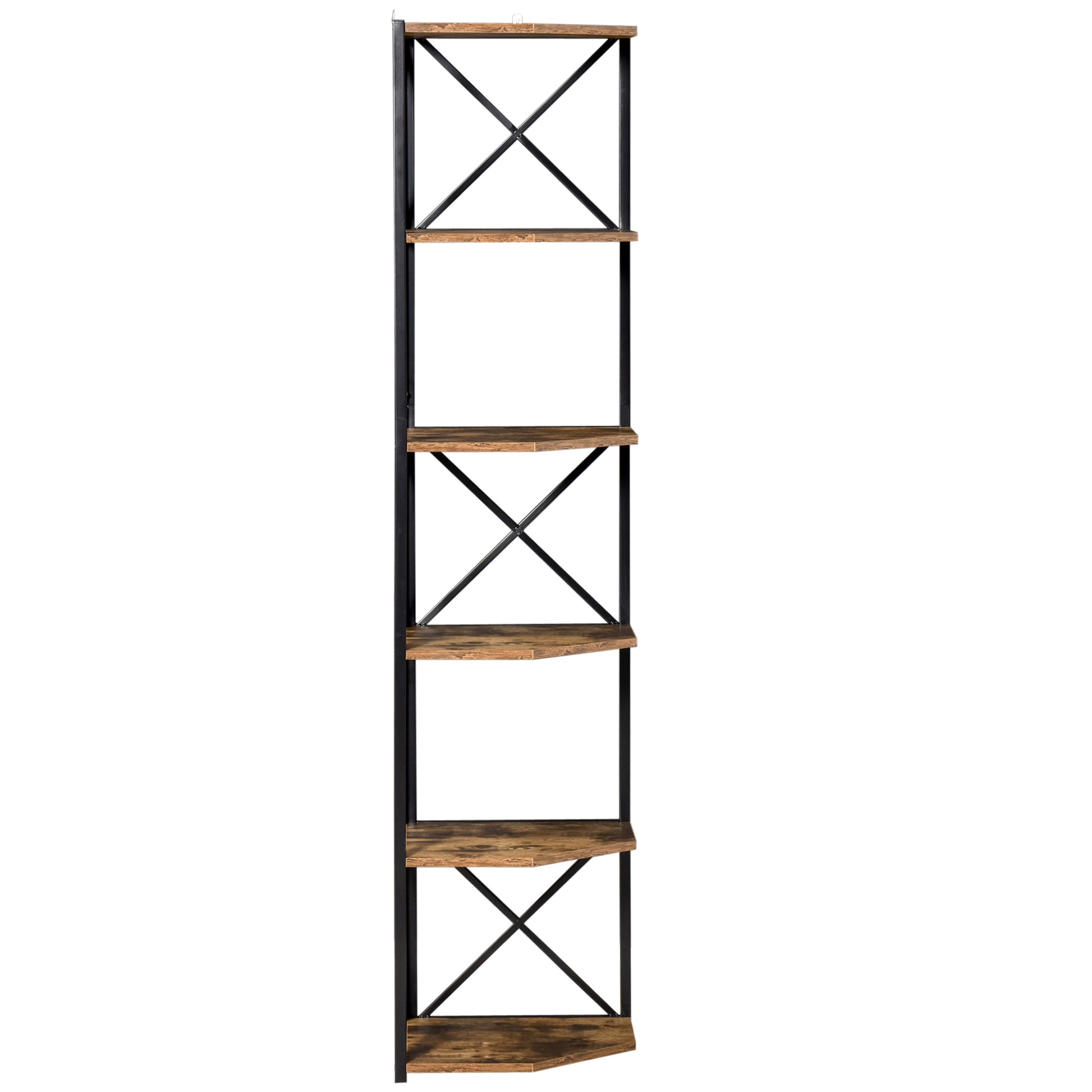 Wall-Mounted Corner Bookcase, Industrial Style Shelf in Wood and Metal with 5 Shelves, 39x39x175cm, Rustic Brown