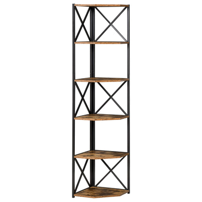 Wall-Mounted Corner Bookcase, Industrial Style Shelf in Wood and Metal with 5 Shelves, 39x39x175cm, Rustic Brown
