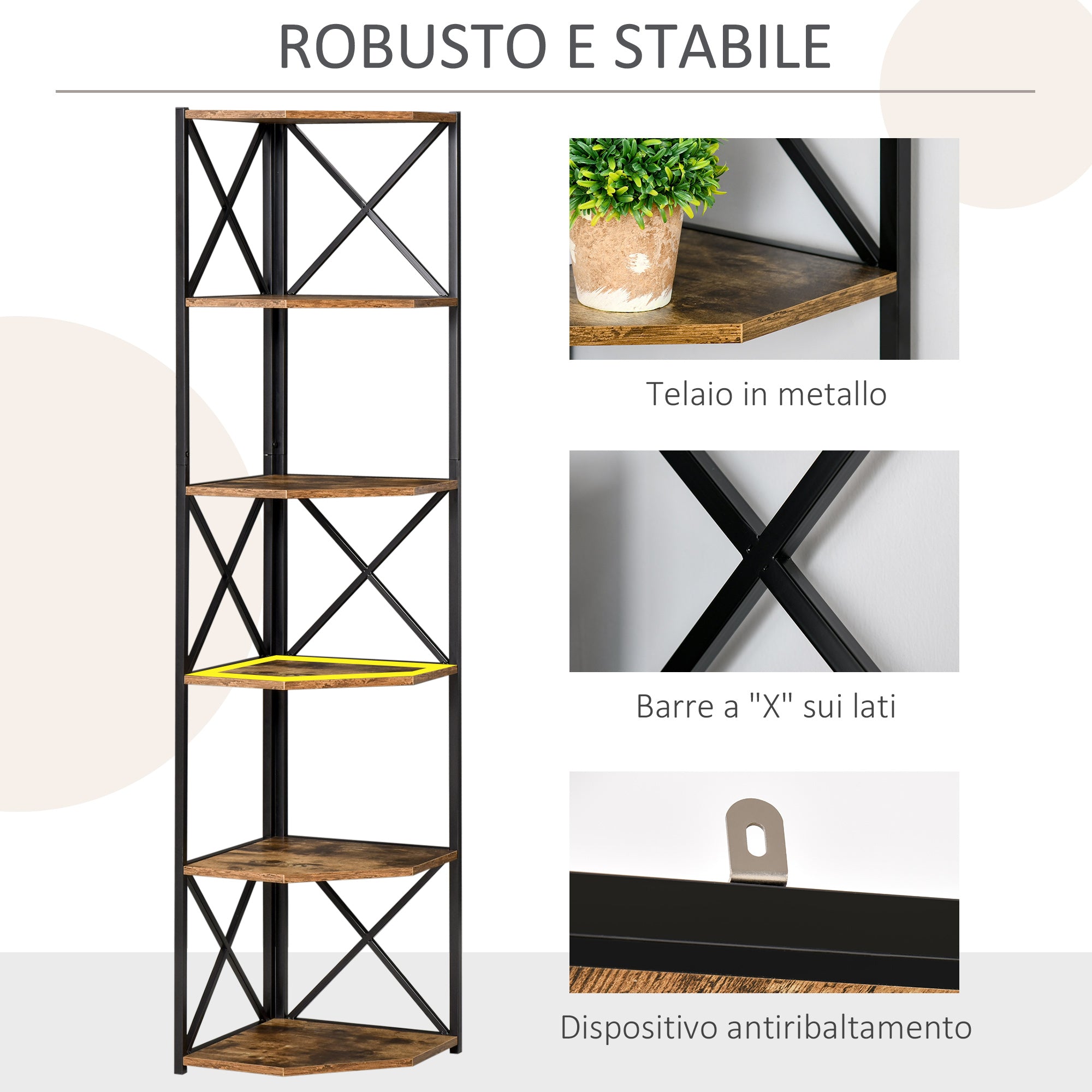 Wall-Mounted Corner Bookcase, Industrial Style Shelf in Wood and Metal with 5 Shelves, 39x39x175cm, Rustic Brown