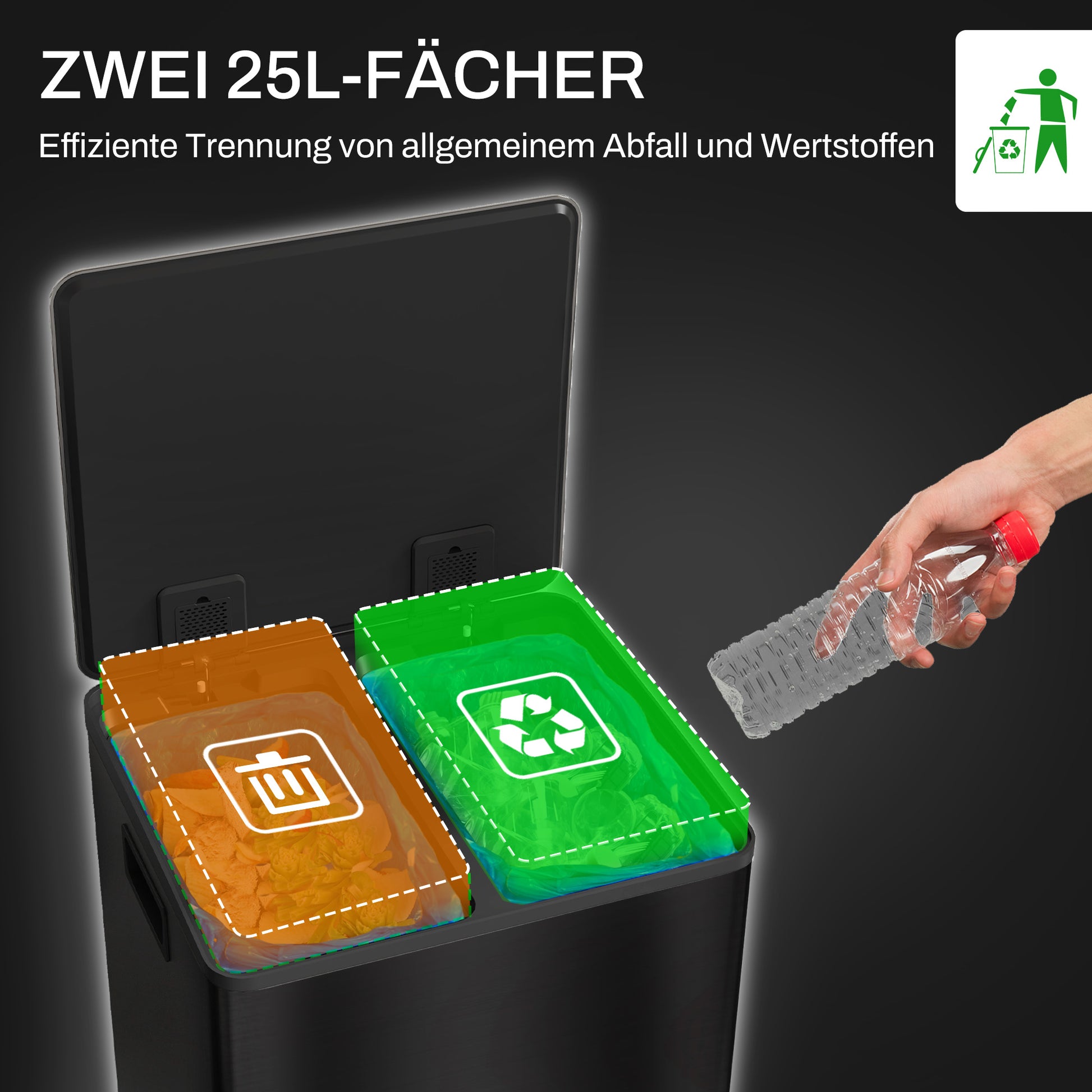 Trash Can 2 x 25 L Pedal Bin with Soft-close Lid and Pedal Waste Separation System 2 Compartments, Recyclable Waste, Stainless Steel, Black, 47.7 x 37.5 x 56 cm
