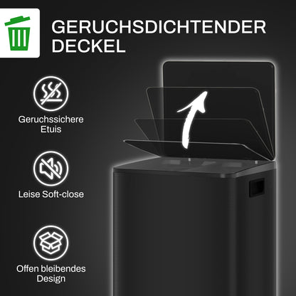 Trash Can 2 x 25 L Pedal Bin with Soft-close Lid and Pedal Waste Separation System 2 Compartments, Recyclable Waste, Stainless Steel, Black, 47.7 x 37.5 x 56 cm