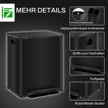 Trash Can 2 x 25 L Pedal Bin with Soft-close Lid and Pedal Waste Separation System 2 Compartments, Recyclable Waste, Stainless Steel, Black, 47.7 x 37.5 x 56 cm